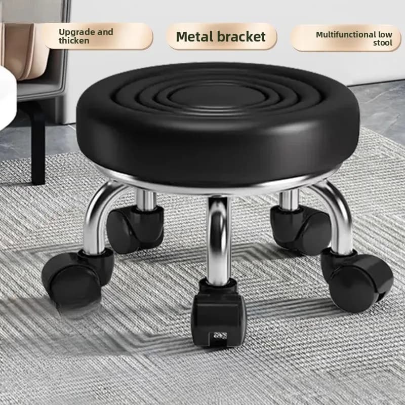5-Wheel Metal Stool - Thickened Silent Low Stool with Sturdy Frame for Home/Foot Spa/Cosmetology/Kids