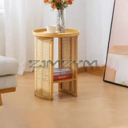 Rattan Side Table Sofa Storage Corner Desk Small Round Coffee Table Double-Layer Edge Bedside Table Balcony Sides Tables