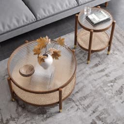 Solid Wood Rattan Woven Coffee Table Living Room Sofa Side Table Japanese Round Glass Table Mobile Storage Ddesk Home Furniture