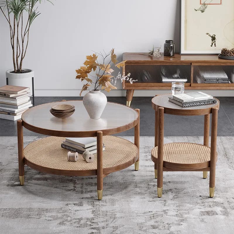Solid Wood Rattan Woven Coffee Table Living Room Sofa Side Table Japanese Round Glass Table Mobile Storage Ddesk Home Furniture