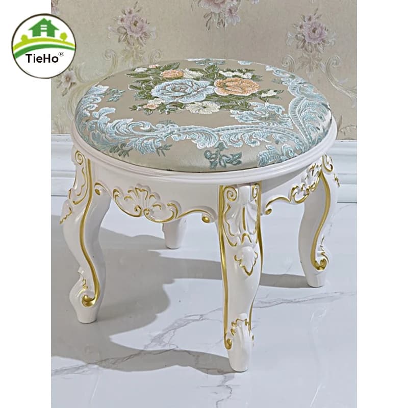 Retro Fabric Dressing Chair, Child Round Stool, Dressing Seat, Home Furniture, Living Room Dinning Chair, ABS Leg, Round Ottoman