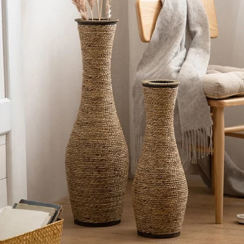 Vintage Rattan Flower Basket Bamboo Woven Vase for Dried/Fresh Flowers Boho Home Decor Planter Farmhouse Living Room Centerpiece