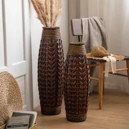 Vintage Rattan Flower Basket Bamboo Woven Vase for Dried/Fresh Flowers Boho Home Decor Planter Farmhouse Living Room Centerpiece
