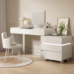 Dressing Table Smart Makeup Vanity Desk Modern Solid Wood with LED Lighted Mirror Flip Top Dresser Table Stool for Bedroom