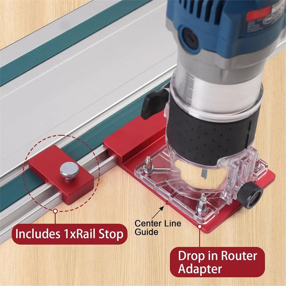 Aluminum Router Guide Rail Adapter with Limiter Rail Stop for Fixed Base Trim Routers, Compatible Most Router