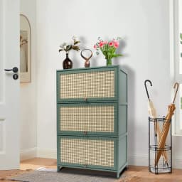 Shoe Cabinet Green 3 Doors Shoe Storage Cabinet Bamboo Shoe Floor Storage Organizer Rack Shoes Organizer Freestanding for