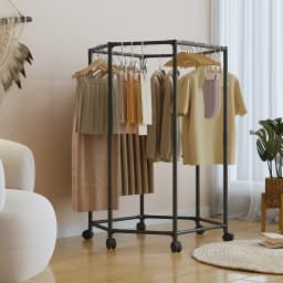 Metal 360-Degree Rotating Wardrobe Storage Rack, Freestanding 6-Rod Clothes Rack with Wheels, Space-Saving Bedroom Dormitory Wardrobe, Easy to Assemble Durable Metal Frame, Mobile Clothes Rack, Minimalist Style Wardrobe, Home Storage Solution