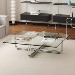 Modern Glass Coffee Table with Chrome Metal Base, Square Transparent Top Minimalist Living Room Center Table for Home Decor