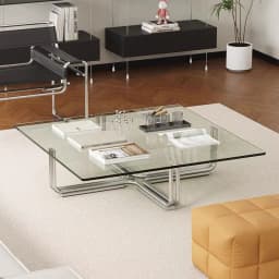 Modern Glass Coffee Table with Chrome Metal Base, Square Transparent Top Minimalist Living Room Center Table for Home Decor