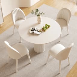 !@Cream Style Stainless Steel Round Dining Table Set 4 Seater Chair Combination Modern Roman Column Design Small-Sized Home Use
