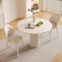 !@Cream Style Stainless Steel Round Dining Table Set 4 Seater Chair Combination Modern Roman Column Design Small-Sized Home Use