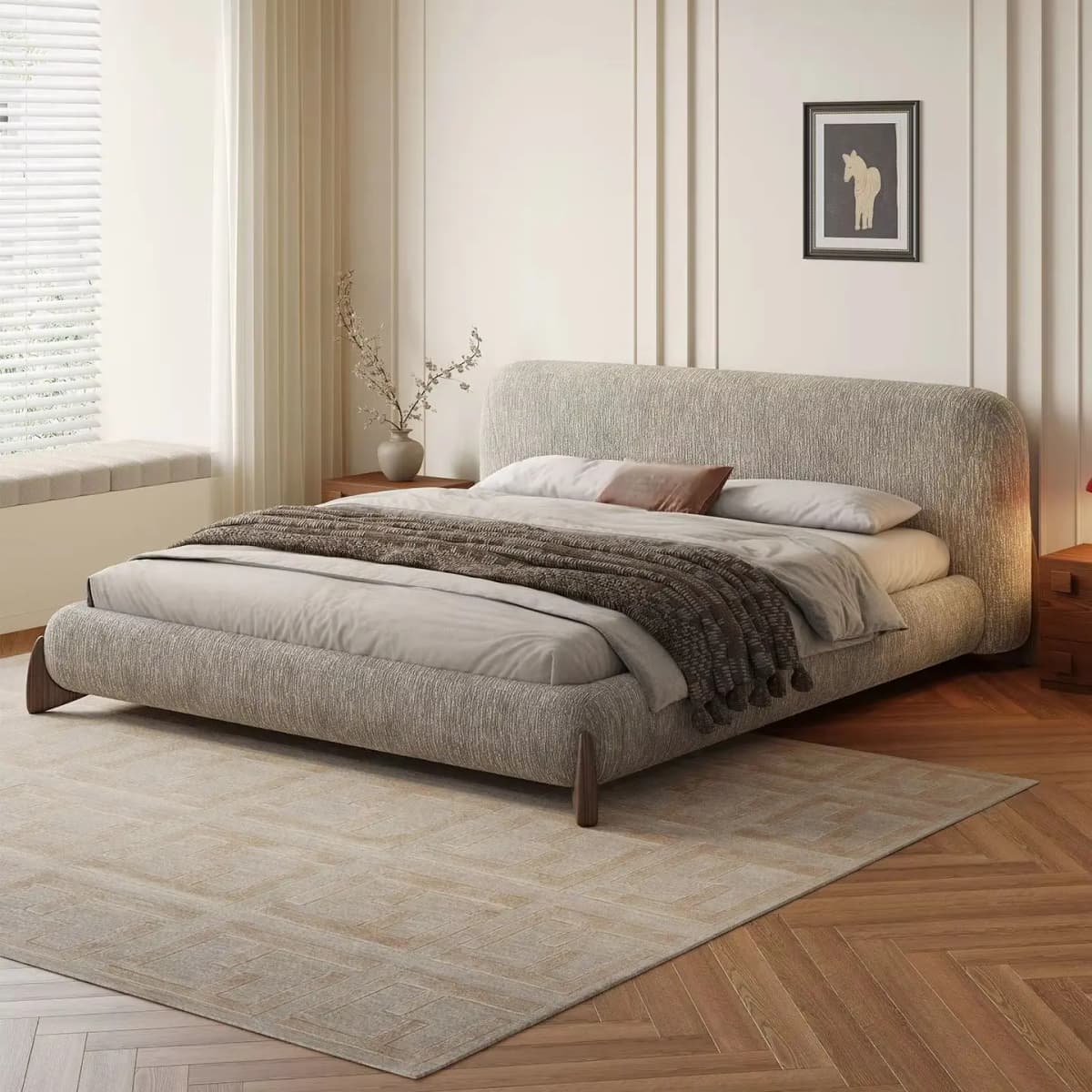 #French Vintage Chenille Fabric Bed, Modern Minimalist Soft Back Double Bed, Pneumatic Storage Bed For Master Bedroom