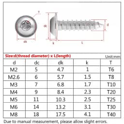 304 Stainless Steel M2 M2.6 M3 M4 M5 M6 M8 Pan Round Head Plus-Blossom Six-Lobe Torx with Washer Cushion Self-Tapping Wood Screw