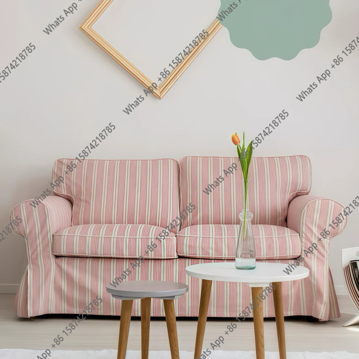 American retro French pastoral red striped removable and washable fabric small apartment living room bedroom triple double sofa