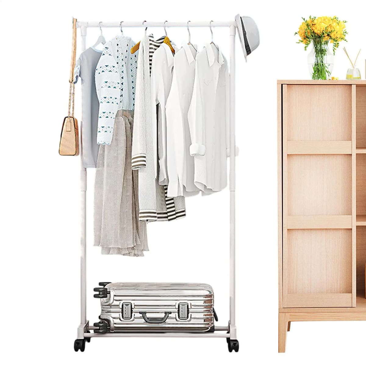 Shoe and hat integrated storage rack single and double pole clothes rack with wheels multi-layer clothing &hat rack Garment Rack