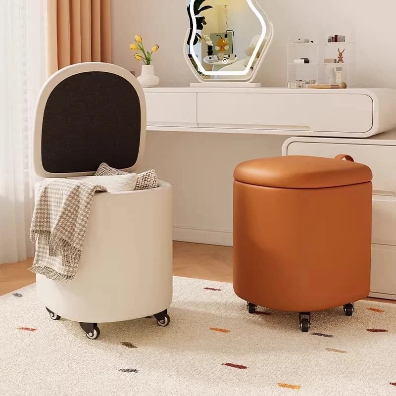 Makeup Stool Movable Bedroom Storage Dressing Stool Cream Wind Rotating Universal Low Stool Light Luxury High-end Leather Chair