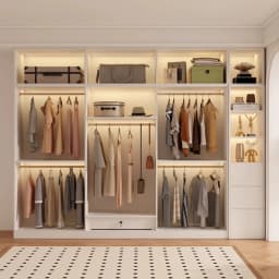 Modern Luxury White Frame Glass Door Wardrobe Solid Wood Combined Walk-In Closet with Built-In LED Ambient Light for Bedroom
