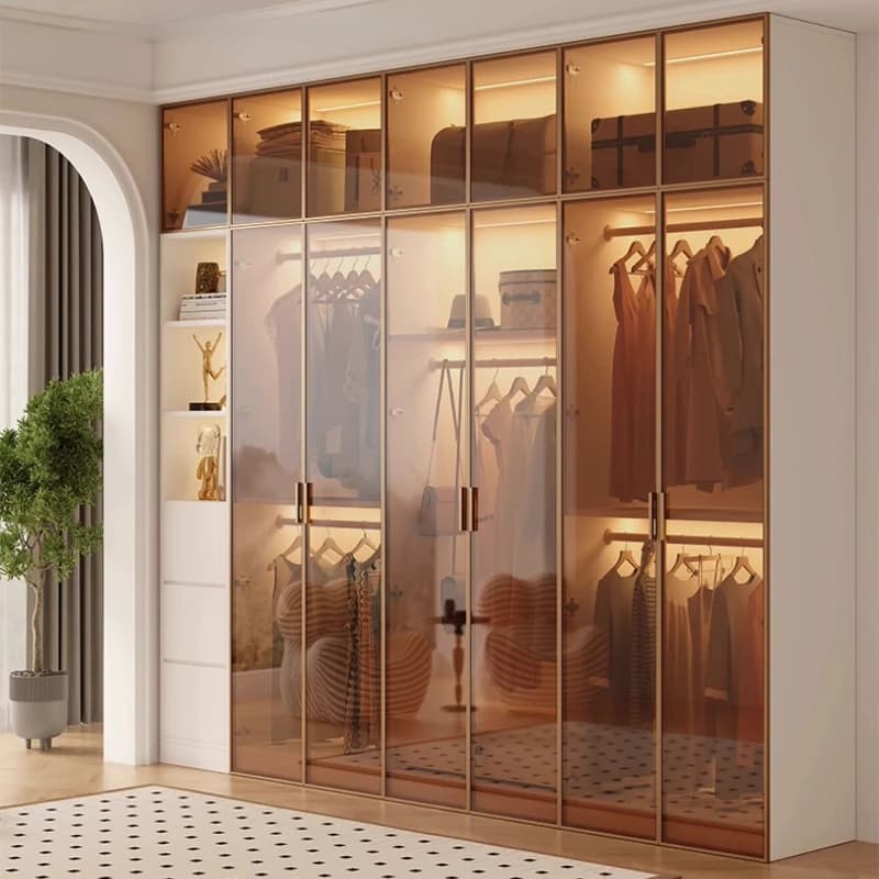 Modern Luxury White Frame Glass Door Wardrobe Solid Wood Combined Walk-In Closet with Built-In LED Ambient Light for Bedroom