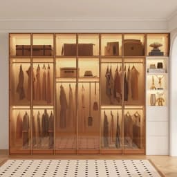 Modern Luxury White Frame Glass Door Wardrobe Solid Wood Combined Walk-In Closet with Built-In LED Ambient Light for Bedroom