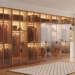 Modern Luxury White Frame Glass Door Wardrobe Solid Wood Combined Walk-In Closet with Built-In LED Ambient Light for Bedroom
