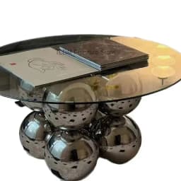 Modern Glass Top Coffee Table with Metal Spherical Base, Luxury Round Living Room Center Table, Stylish Home Decor Furniture