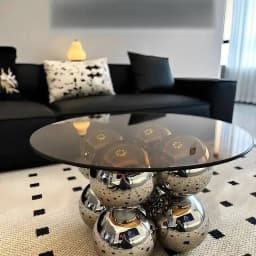 Modern Glass Top Coffee Table with Metal Spherical Base, Luxury Round Living Room Center Table, Stylish Home Decor Furniture