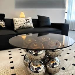 Modern Glass Top Coffee Table with Metal Spherical Base, Luxury Round Living Room Center Table, Stylish Home Decor Furniture
