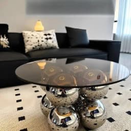 Modern Glass Top Coffee Table with Metal Spherical Base, Luxury Round Living Room Center Table, Stylish Home Decor Furniture