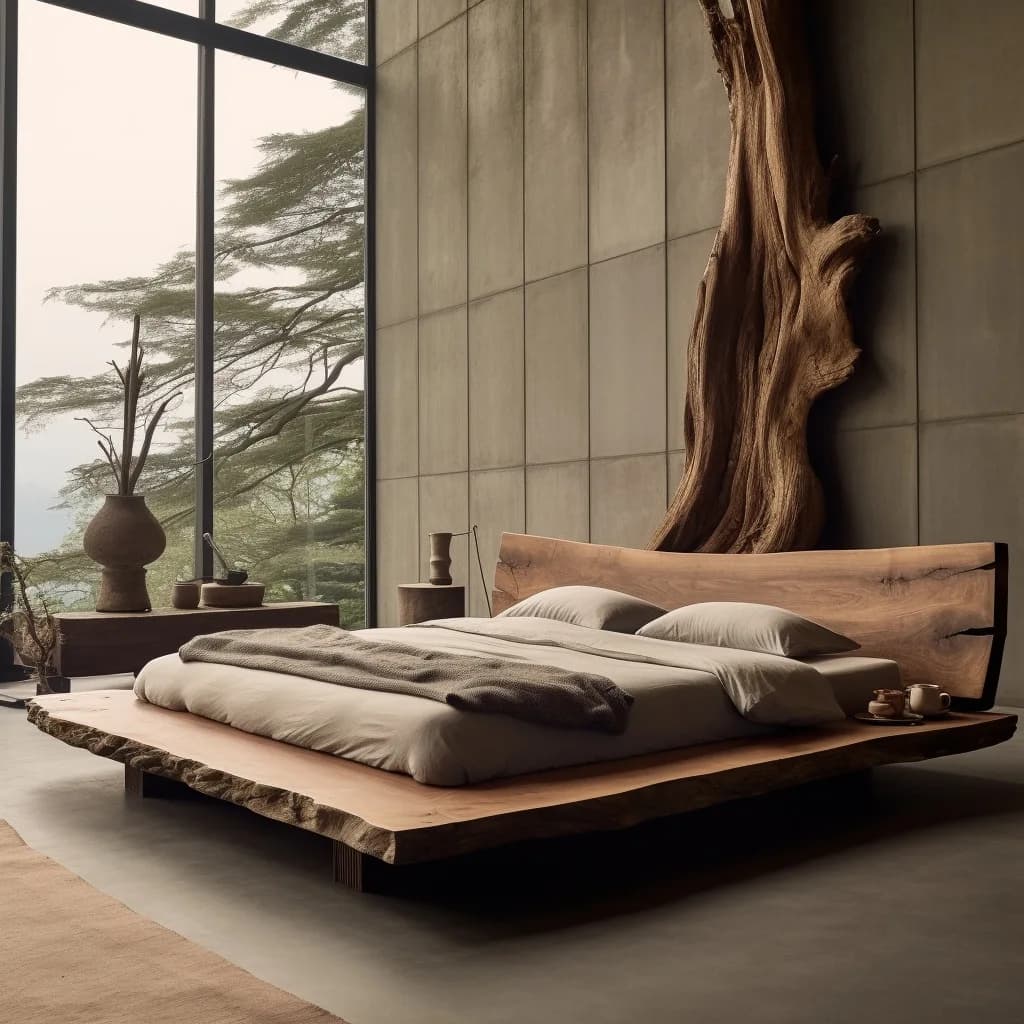 Wabi Sandy Wind Solid Wood Double Bed B & B Hotel Model Room Designer Log Color Medium Ancient QueenBed Pure SolidWood