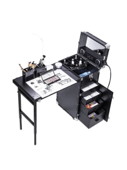 wr! Black Cosmetic Workstation Folding Rolling Portable Case Nail Tech Tables Manicure &