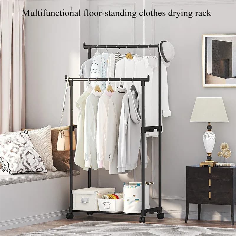 Plastic Floor Standing Clothes Rack with Wheels Double Single Rod Hat Shoe Storage Organizer Shelf Modern