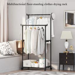 Plastic Floor Standing Clothes Rack with Wheels Double Single Rod Hat Shoe Storage Organizer Shelf Modern
