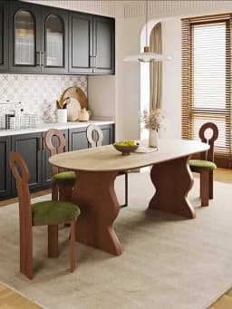 French Mid Century Oval Travertine Stone Dining Table, Solid Wood Base Small Household Dining Table Set for Living Room
