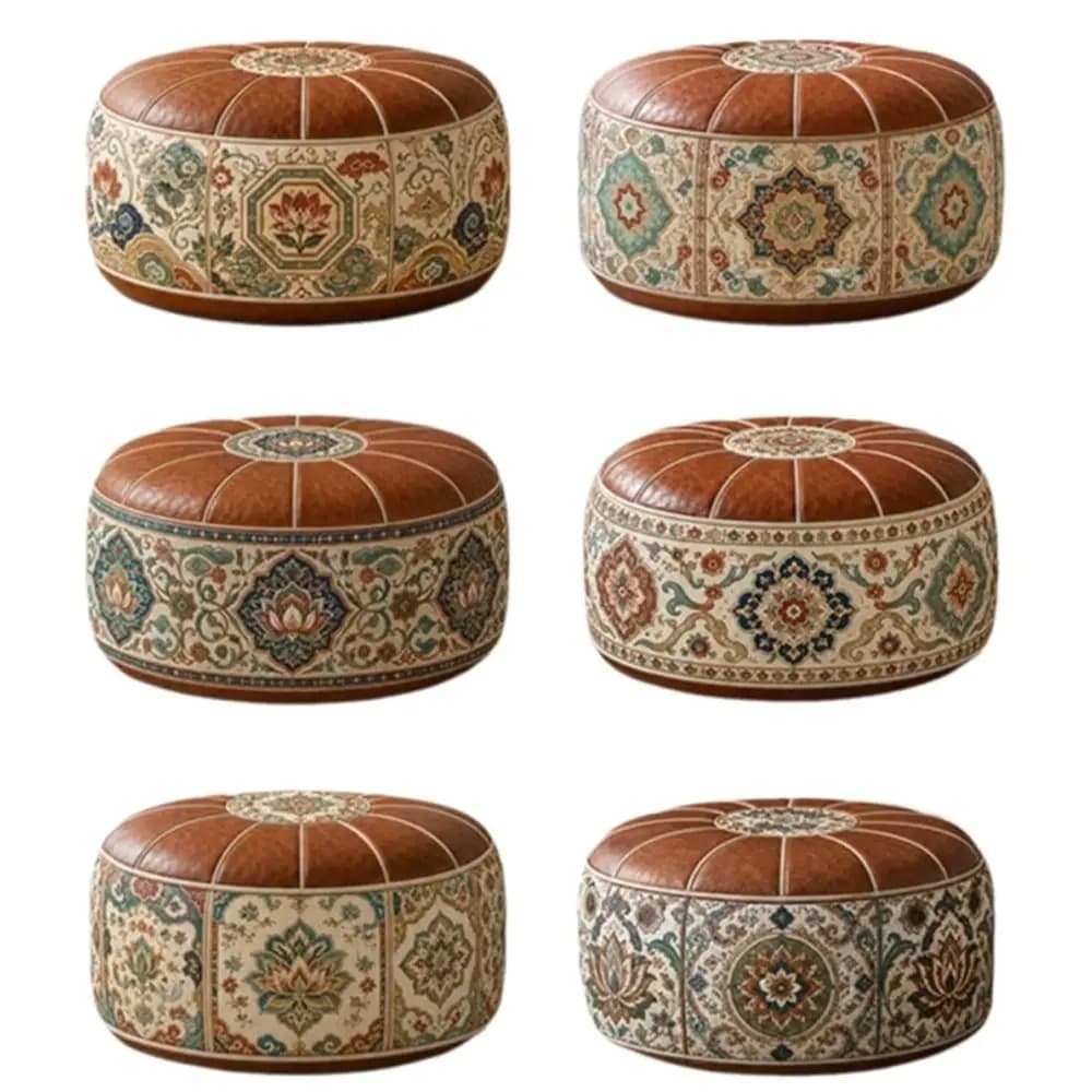New PU Leather Ottoman Pouf Foldable Boho Pattern Storage Ottoman Round Shape Fillable Floor Seat Cushion Multipurpose Storage