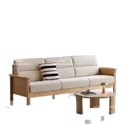 Japanese-style solid wood rattan sofa Home living room furniture Cherry wood color wabi-sabi retro wooden three-person sofa