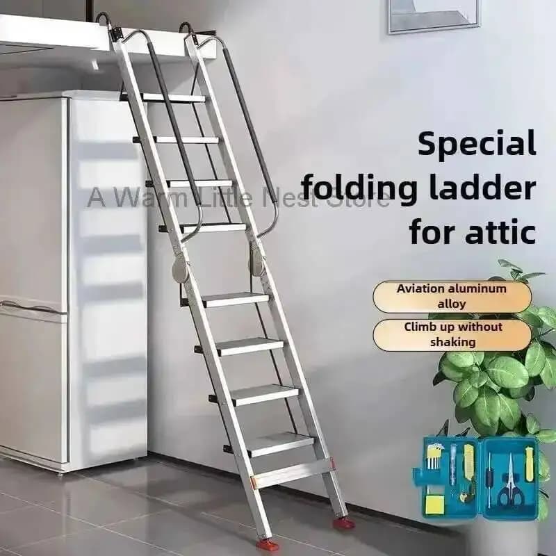 Aluminum Alloy Folding Attic Ladder Home Telescopic Thickened Herringbone Ladder Multi-functional with Handrail Staircase