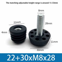 M8 Black Square / Round Plastic Pipe Plugs Adjustable Screw Foot Pad Furniture Leg Cover End Caps 20x20-50x50mm/20-50mm