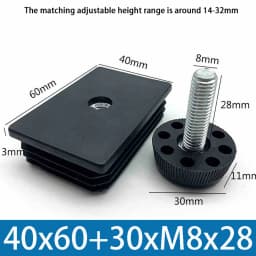 M8 Black Square / Round Plastic Pipe Plugs Adjustable Screw Foot Pad Furniture Leg Cover End Caps 20x20-50x50mm/20-50mm