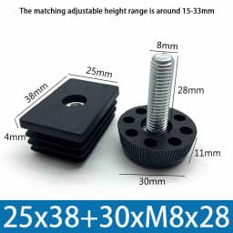 M8 Black Square / Round Plastic Pipe Plugs Adjustable Screw Foot Pad Furniture Leg Cover End Caps 20x20-50x50mm/20-50mm