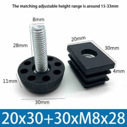 M8 Black Square / Round Plastic Pipe Plugs Adjustable Screw Foot Pad Furniture Leg Cover End Caps 20x20-50x50mm/20-50mm