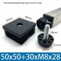 M8 Black Square / Round Plastic Pipe Plugs Adjustable Screw Foot Pad Furniture Leg Cover End Caps 20x20-50x50mm/20-50mm
