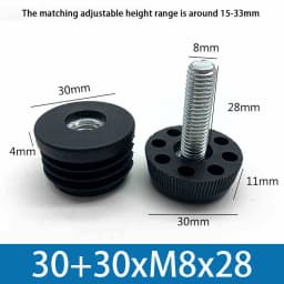 M8 Black Square / Round Plastic Pipe Plugs Adjustable Screw Foot Pad Furniture Leg Cover End Caps 20x20-50x50mm/20-50mm