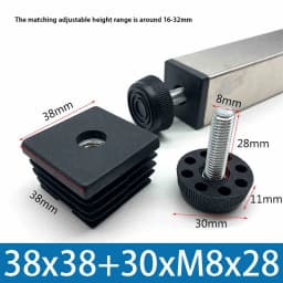 M8 Black Square / Round Plastic Pipe Plugs Adjustable Screw Foot Pad Furniture Leg Cover End Caps 20x20-50x50mm/20-50mm