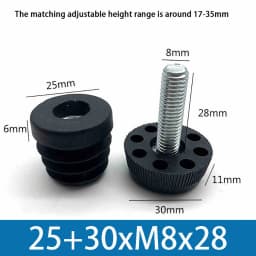 M8 Black Square / Round Plastic Pipe Plugs Adjustable Screw Foot Pad Furniture Leg Cover End Caps 20x20-50x50mm/20-50mm
