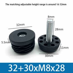 M8 Black Square / Round Plastic Pipe Plugs Adjustable Screw Foot Pad Furniture Leg Cover End Caps 20x20-50x50mm/20-50mm