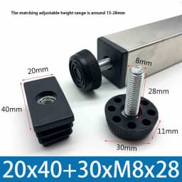 M8 Black Square / Round Plastic Pipe Plugs Adjustable Screw Foot Pad Furniture Leg Cover End Caps 20x20-50x50mm/20-50mm