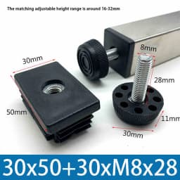 M8 Black Square / Round Plastic Pipe Plugs Adjustable Screw Foot Pad Furniture Leg Cover End Caps 20x20-50x50mm/20-50mm