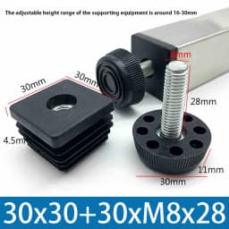 M8 Black Square / Round Plastic Pipe Plugs Adjustable Screw Foot Pad Furniture Leg Cover End Caps 20x20-50x50mm/20-50mm