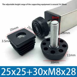 M8 Black Square / Round Plastic Pipe Plugs Adjustable Screw Foot Pad Furniture Leg Cover End Caps 20x20-50x50mm/20-50mm