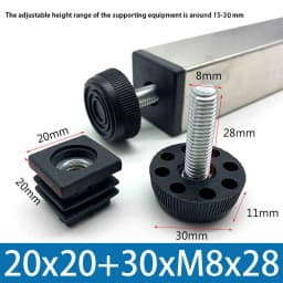 M8 Black Square / Round Plastic Pipe Plugs Adjustable Screw Foot Pad Furniture Leg Cover End Caps 20x20-50x50mm/20-50mm
